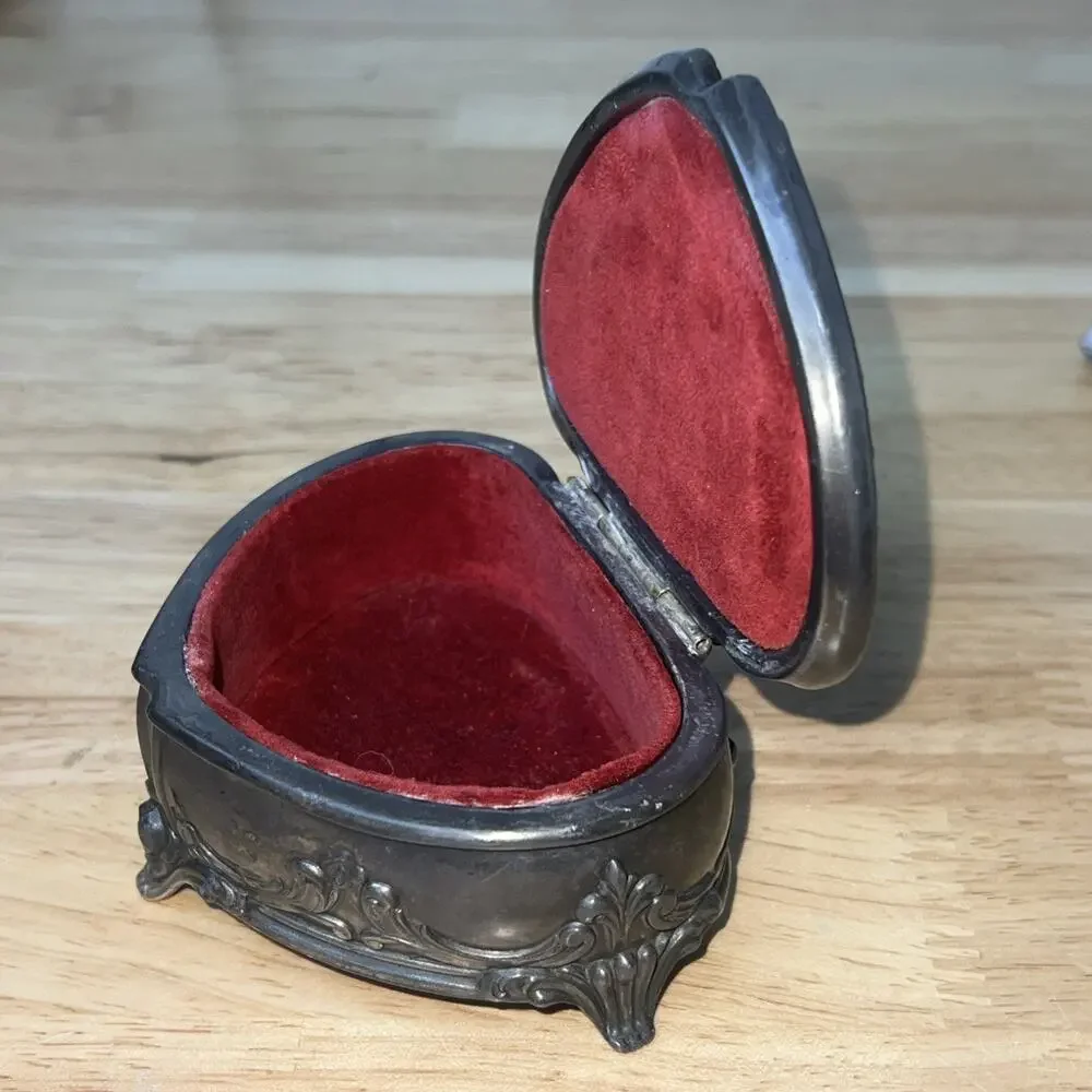 Antique Jennings Bro Art Nouveau Double Heart Metal Jewelry Trinket Box Lined